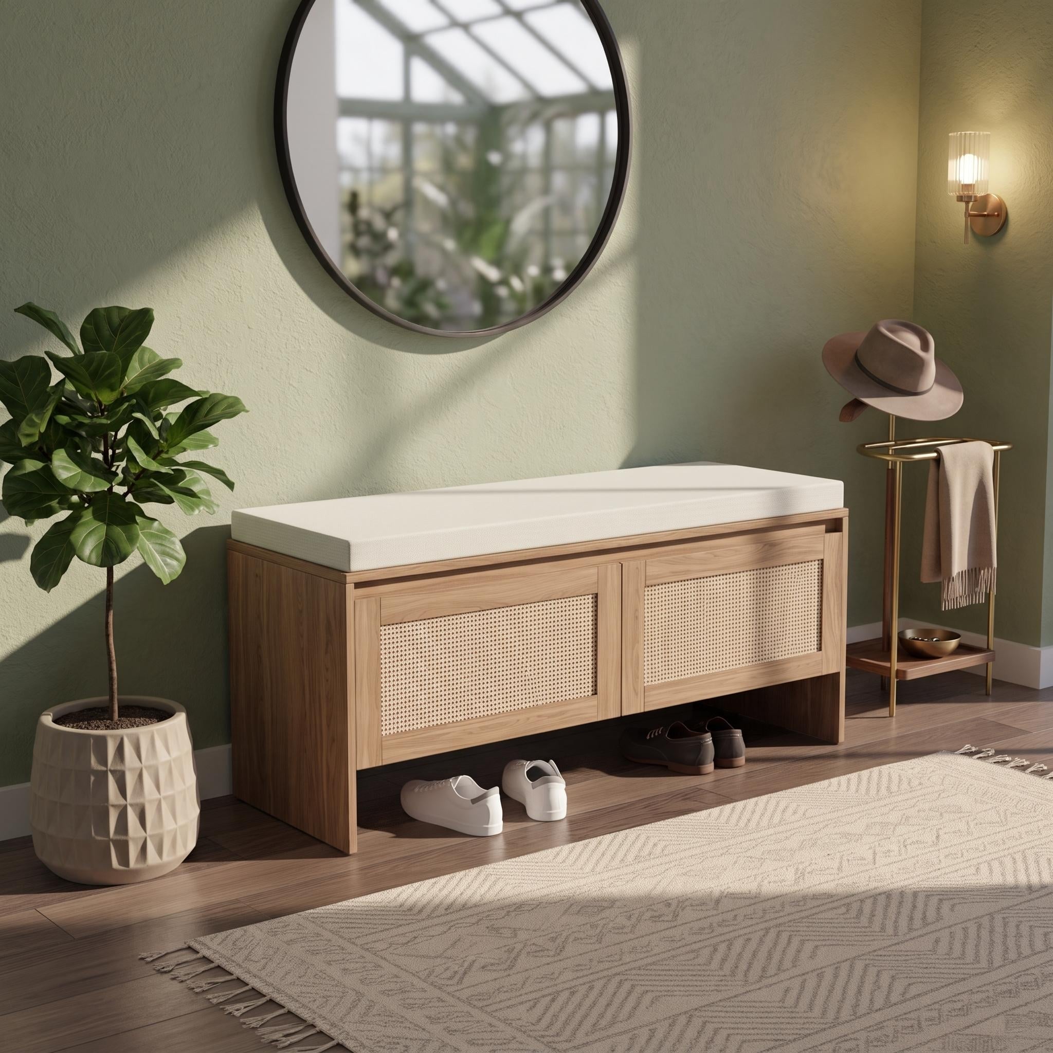 FurnitureR Rattan Shoe Storage Bench with Cushion, Entryway Bench with 2 Door Cabinet for Hallway, Mudroom and Bedroom