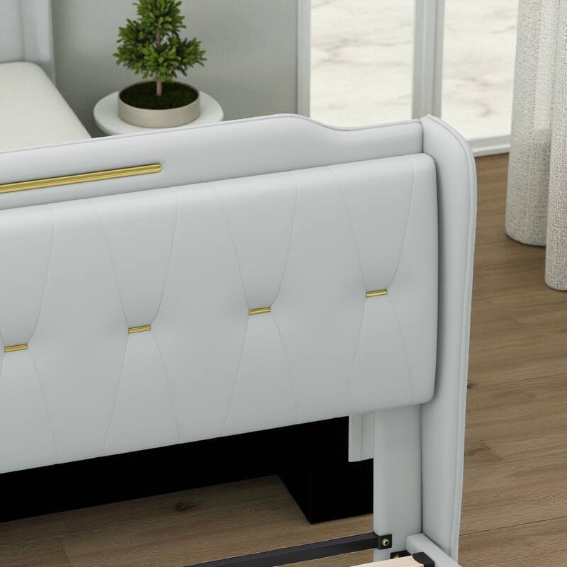 Queen/King PU Leather Upholstered Platform Bed with Wingback Headboard & Footboard, Gold Metal Accents and Wooden Slats