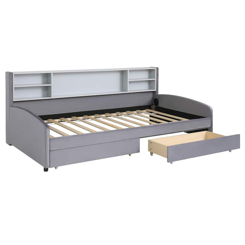 Twin Size Daybed Upholstered Platform Bed with Storage Shelf Headboard and 2 Drawers, Wood Daybed Frame with Curved Armrest