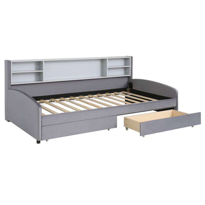 Twin Velvet Upholstered Bed Frame with Storage Drawers and Built-In Shelf, Platform Design with Plush Headboard
