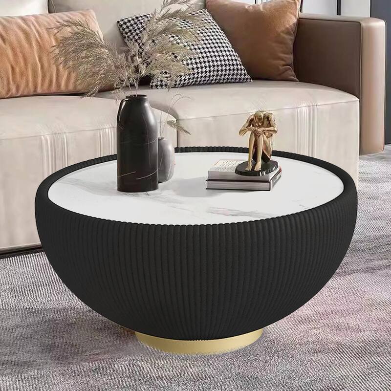 Light Marble Top Cup Shape Leather Coffee Table - Gold Black marble