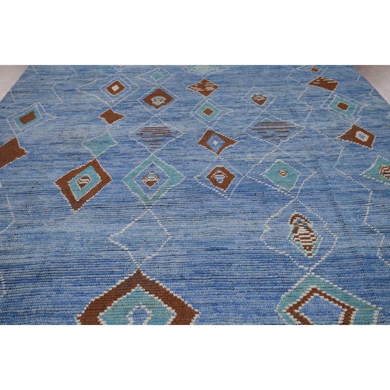 Blue Geometric Moroccan Area Rug Hand-Knotted Wool Carpet - 8'7"x 12'2"
