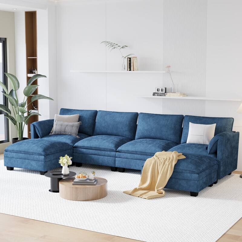 U-Shaped Sectional Sofa with Movable Ottoman, Oversized Fabric Upholstered 6 Seater Sofa, Deep Seat Sofa with Side Pockets