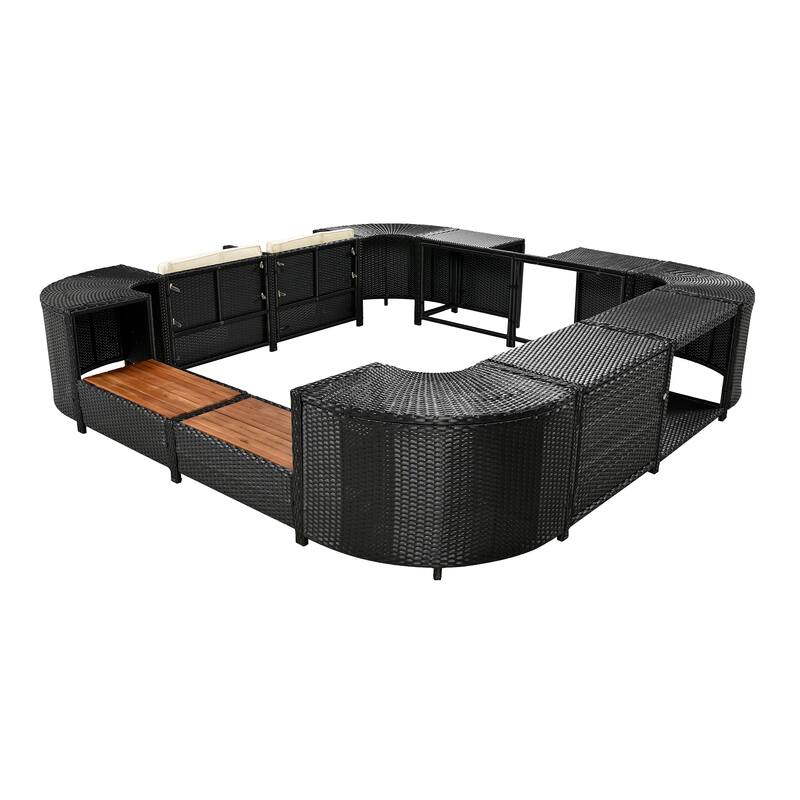 Outdoor Rattan Spa Frame Conversation Sofa Set with Storage & Wooden Bench
