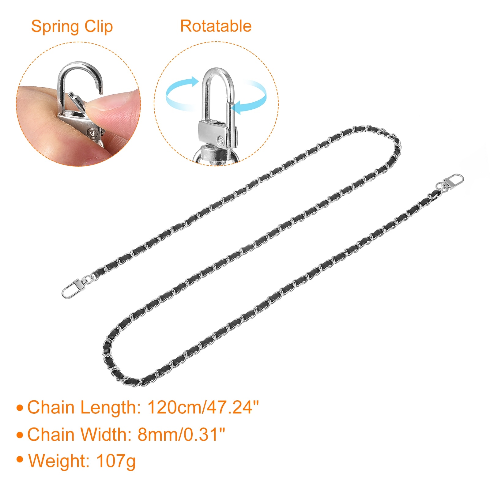 Purse Chain Strap, Leather Iron Flat Chain Strap with Buckles for Shoulder and Cross Body Bags Replacement Strap