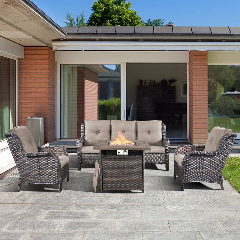 4-piece Outdoor Patio Sofa Chair Set With Fire Pit Table - Grey - Brown