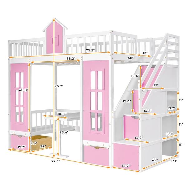 dimension image slide 2 of 3, Versatile Twin Over Twin Bunk Bed with Convertible Table, Drawers, and Play Area for Kids