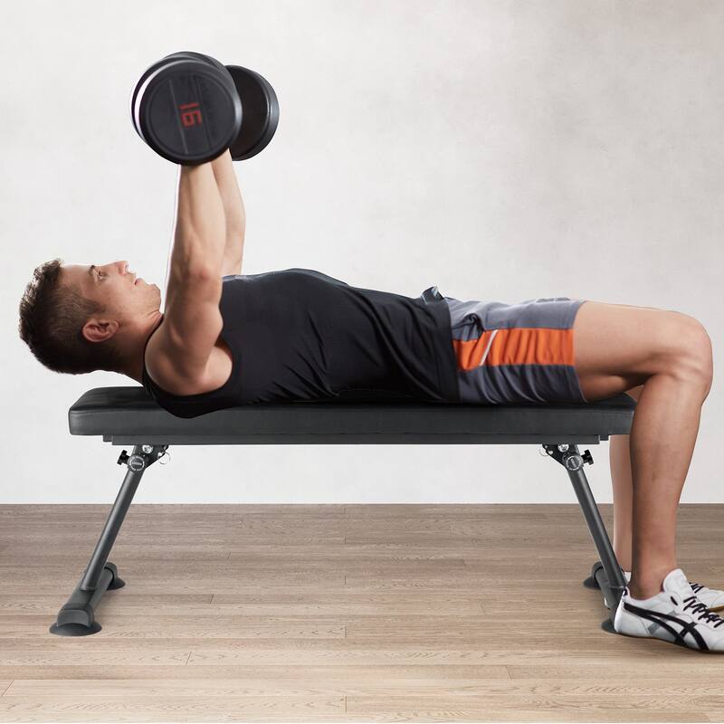 Black Steel Foldable Flat Weight Bench 1000lbs with Thick Cushion - 45.7" x 17" x 16.7"