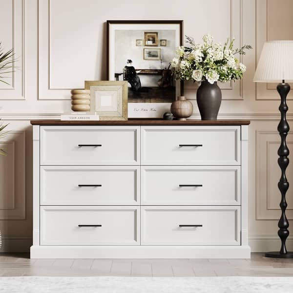 large drawer dresser Farmhouse 6 Drawer Dresser for Bedroom, Rustic Wood Chest with Metal Handles, Large Organizer
