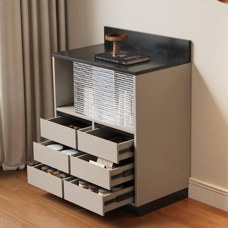Modern 6-Drawer Storage Cabinet with Wavy Design and Black Wood-Grain Desktop
