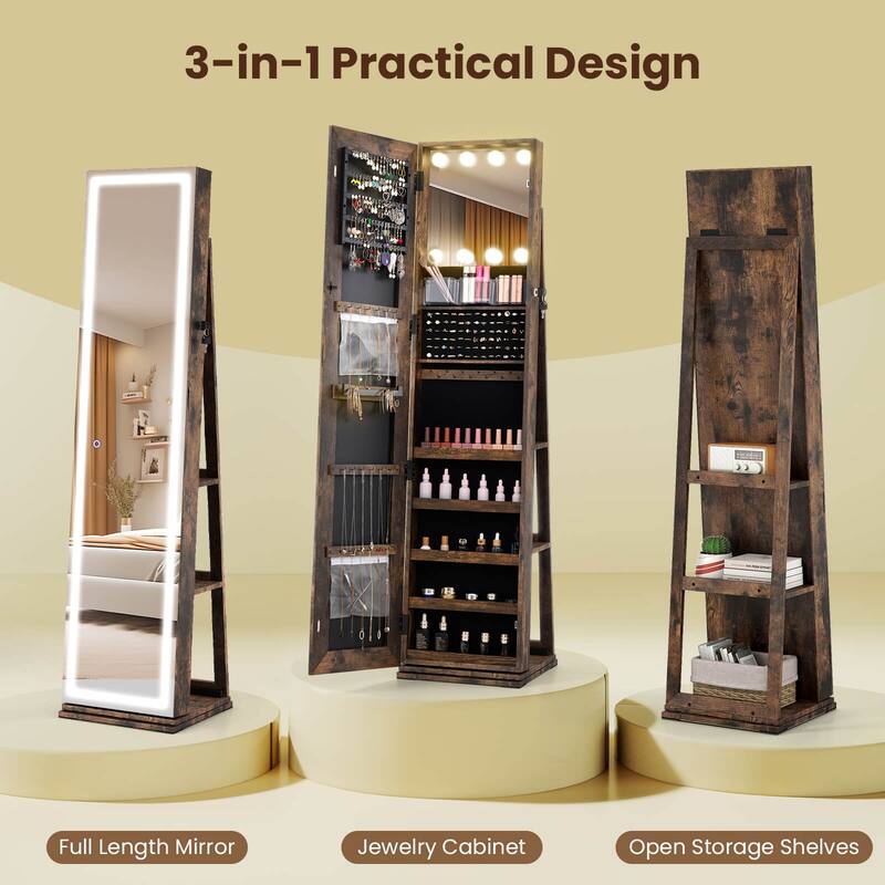 Costway 360° Swivel Jewelry Cabinet with Lighted Full Length Mirror & - See Details