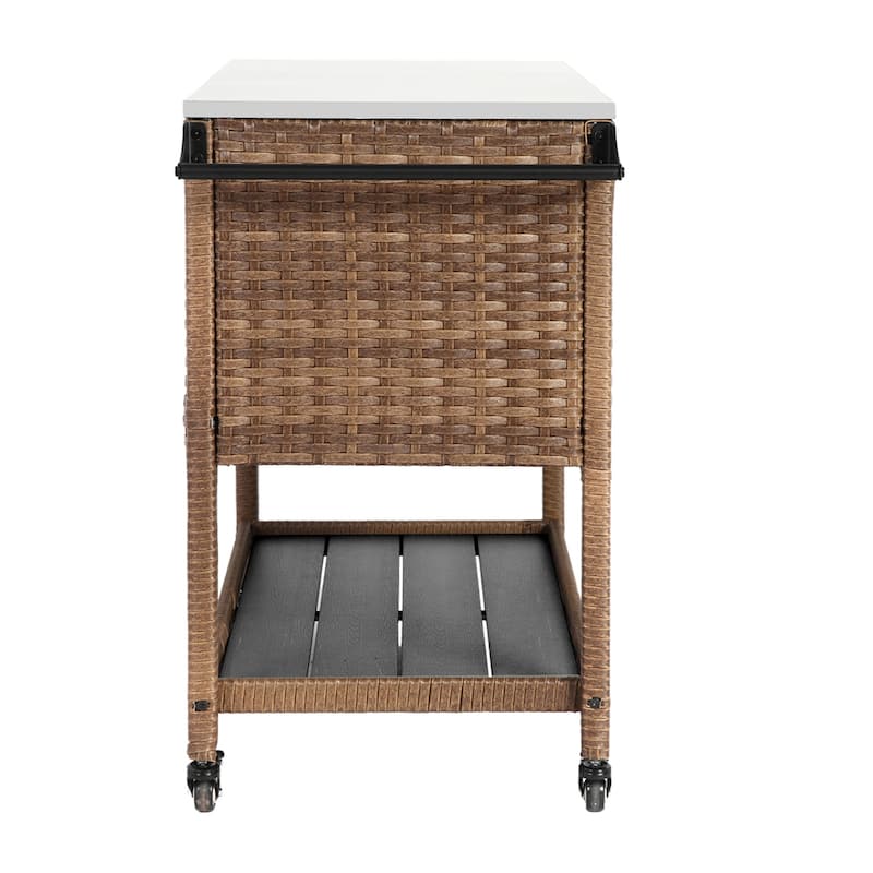 Rolling Rattan Bar Cart with Stainless Steel Table Top for Garden