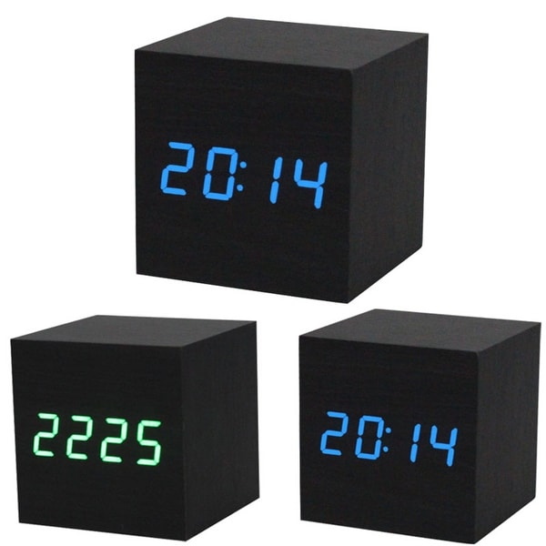 1Pc Digital Led Black Wooden Wood Desk Alarm Brown Clock Voice Control. Opens flyout.
