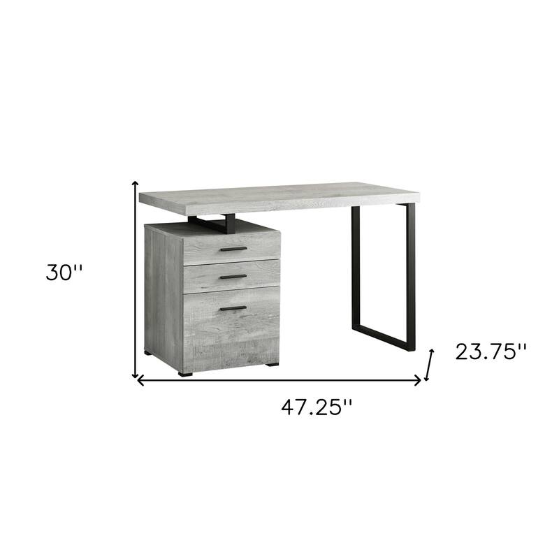 Grey Wood Computer Desk with Drawers and Black Metal Pedestal Base