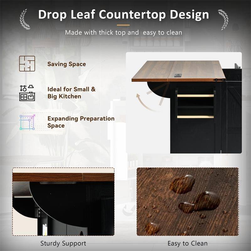 Farmhouse Kitchen Island with Power Outlet, Rolling Kitchen Cart on Wheels with Internal Storage Rack, Drop Leaf, Spice Rack