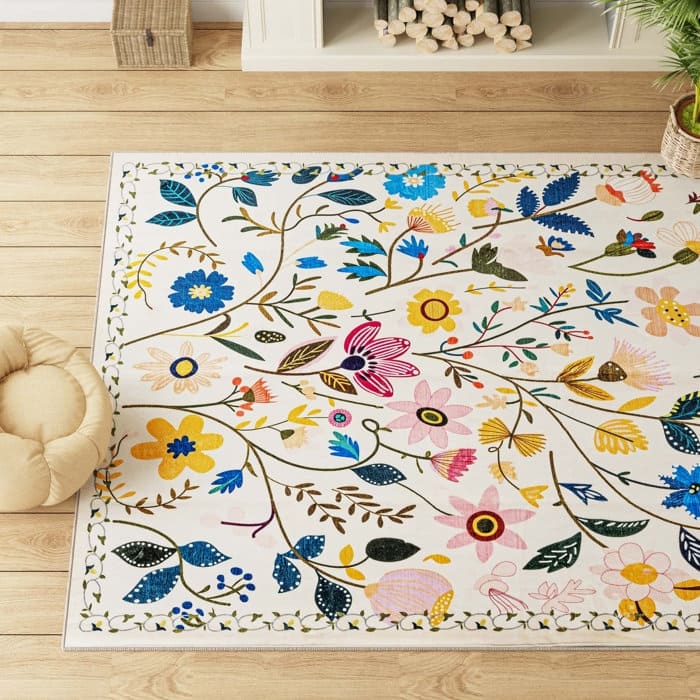 Nature Floral Non-Slip Machine Washable Colorful Modern Area Rug