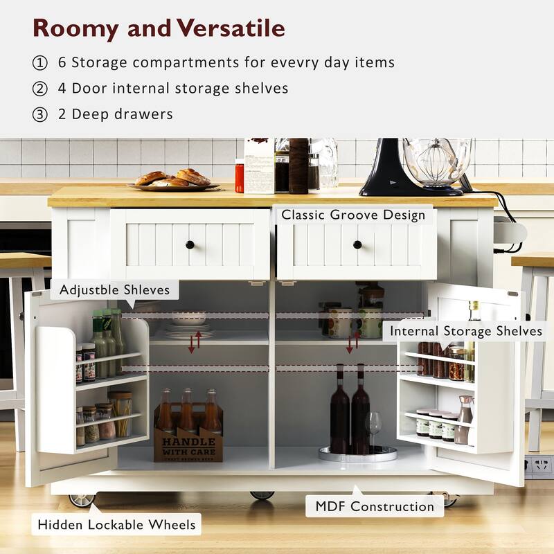 48" Large Kitchen Island with Drop Leaf,Power Outlet,For Kitchen,Dining Room(Not Include Stools)