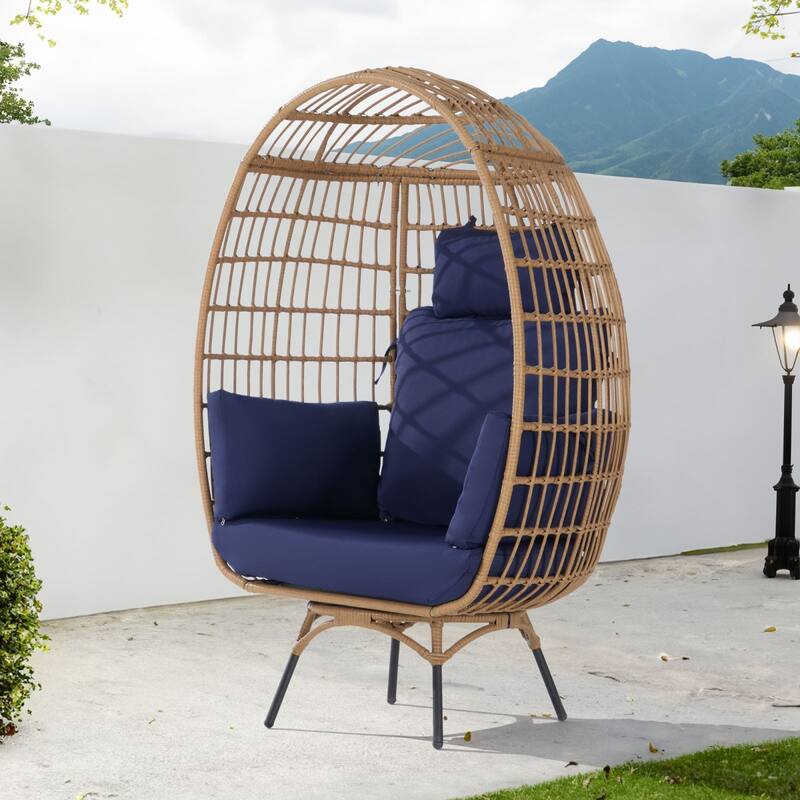 SANSTAR Patio Oversized Swivel Brown Wicker Egg Chair with Cushions - Navy Blue