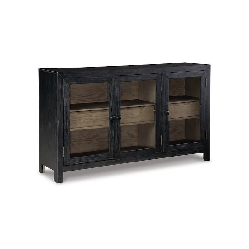 Liam 60 Inch Sideboard Accent Cabinet, 3 Glass Door, Gray and Black Wood