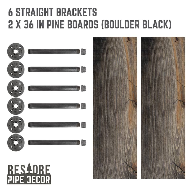 Restore Wood 36 in. Wall Shelf Straight Steel Pipe Brackets, Set of 2
