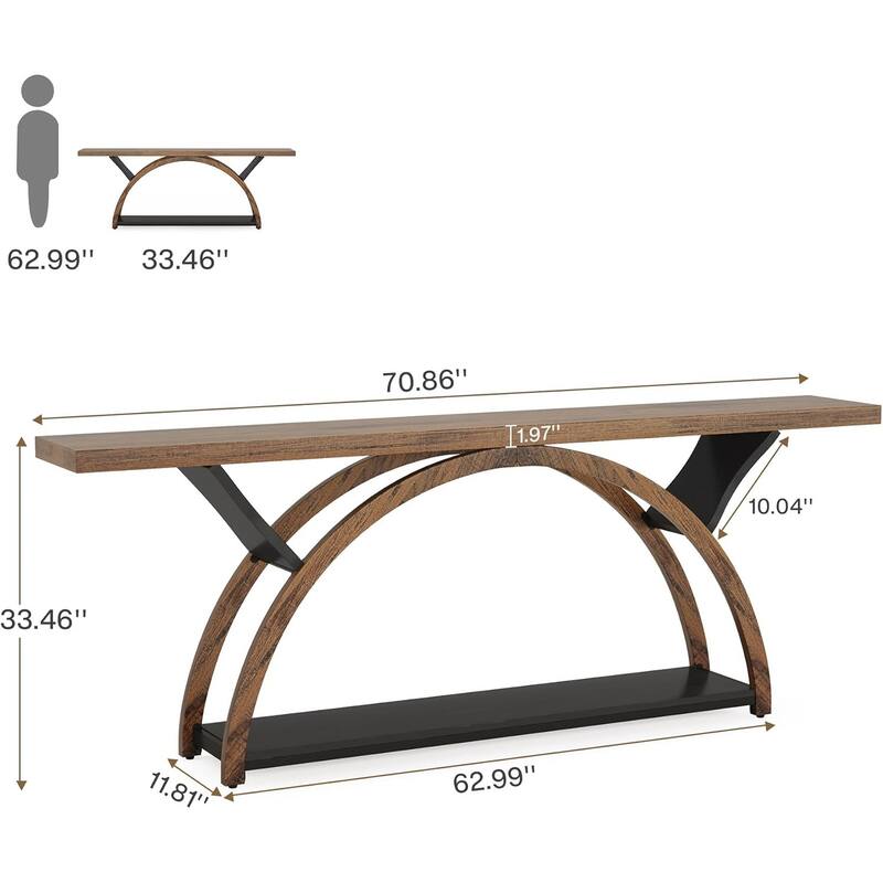 Farmhouse Industrial Console Table with Curved Base 2 Tier Wood Grain Top Metal Frame Entryway Hallway Sofa Table