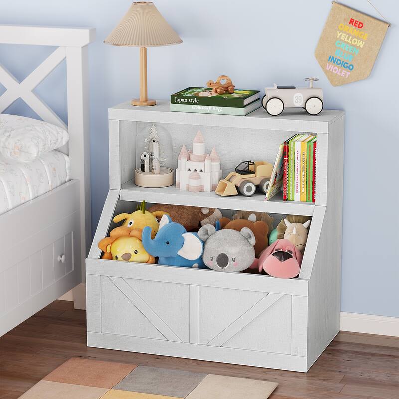 Kids Bookshelf, Wooden Toy Storage Organizer with Cubby - Vintage White