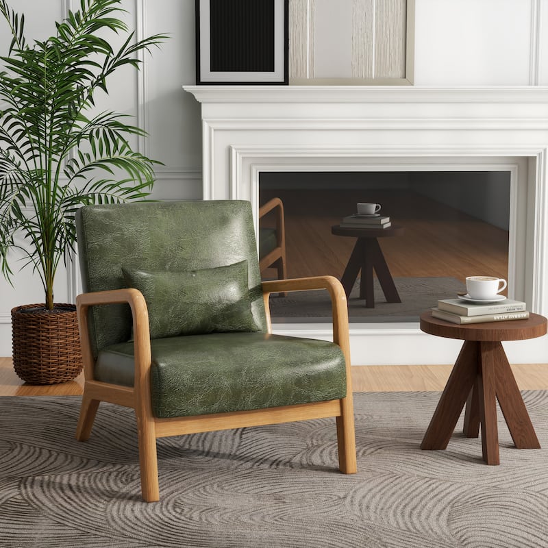 Mid Century Modern Upholstered Accent Chair with Pillow - Green/PU/Natural Wood