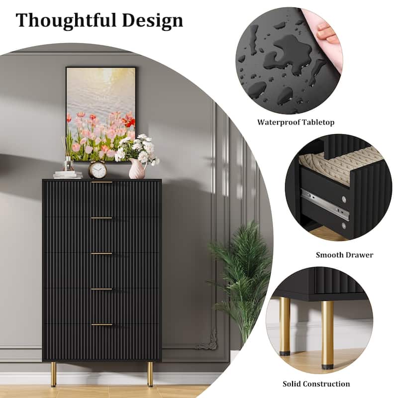 5 Drawer Fluted Dresser for Bedroom, Modern Wooden Storage Chest with Gold Handles