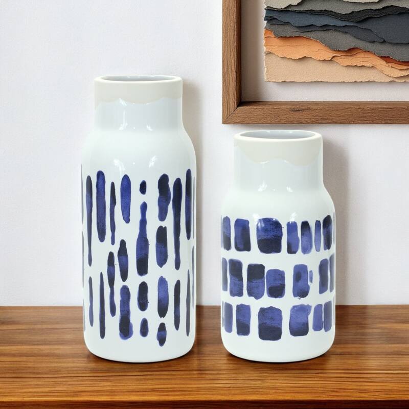 Blue and White Ceramic Abstract Cylinder Table Vase Set of 2 for Living Room Decor