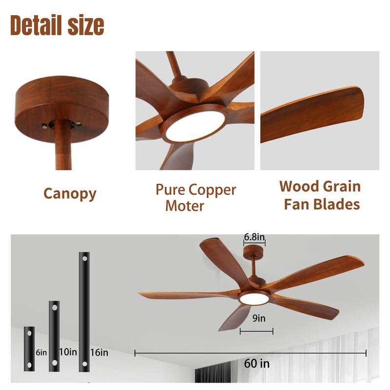 6 Speeds Reversible DC Motors Ceiling Fan with Lights and Remote, 60 Inch Wood Ceiling Fan for Bedroom Outdoor Patios