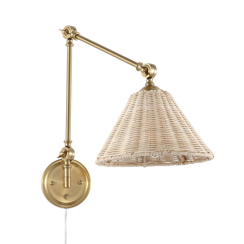 WINGBO Adjustable Swing Arm Wall Sconce with Neutral Beige Rattan Shades