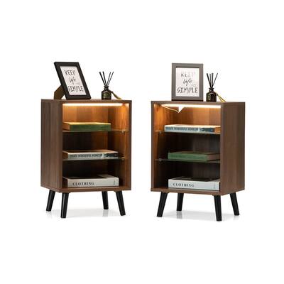 Wooden Nightstands with Glass Storage Shelf and LED Light, Set of 2