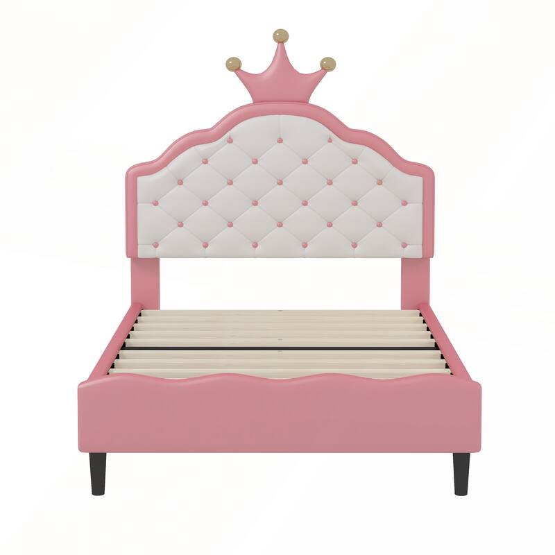 PU Leather Princess Bed with Tufted Headboard