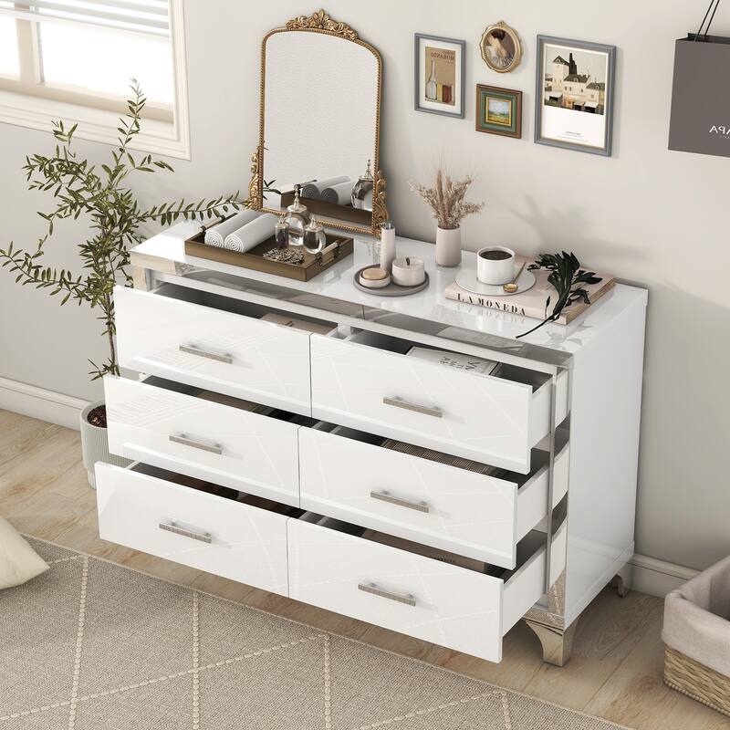 Dresser for Bedroom, 47" High Gloss Dresser with 6 Drawers, Mirrored Storage Chest of Drawers with Metal Handle
