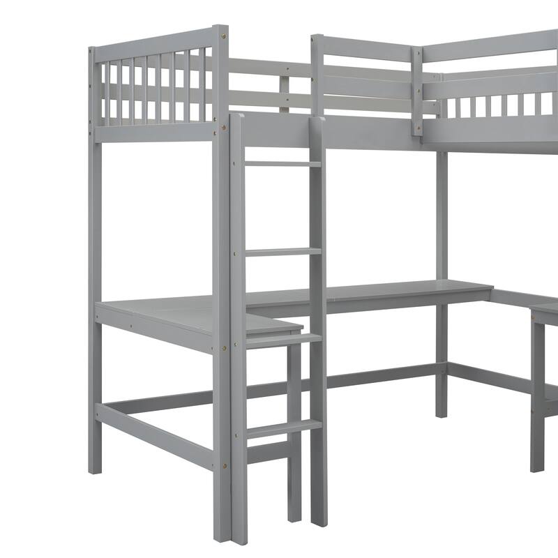 Twin Size L-Shaped Loft Bed with 2 Built-in Desks, Space-Saving Design