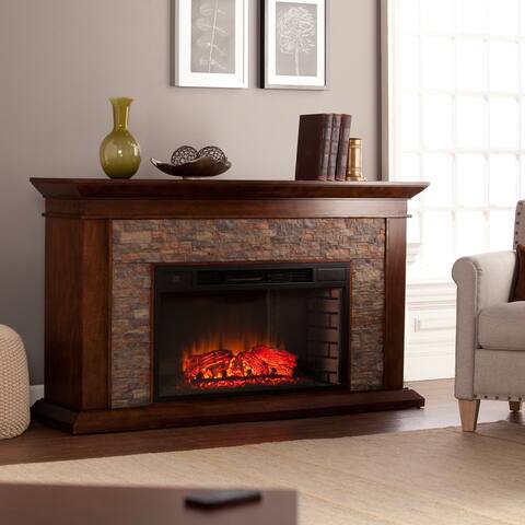SEI Furniture Horse Mountain Electric Fireplace with a 60-inch Faux Stone Mantel