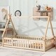 preview thumbnail 2 of 6, Natural Twin Size Pine Wood Tent-shaped Floor Bed, with Guardrails, Slats and Door for Kids, Boys and Girls