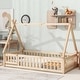 preview thumbnail 1 of 6, Twin Pine Wood Tent-Shaped Floor Bed w/Guardrails Slats Door,Natural Natural - Twin