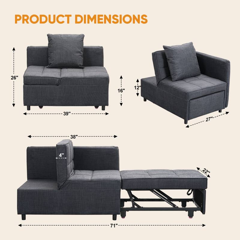 Ainfox Adjustable Sofa Chair Sleeper Sofa Bed Ottoman Couch with Metal Frame