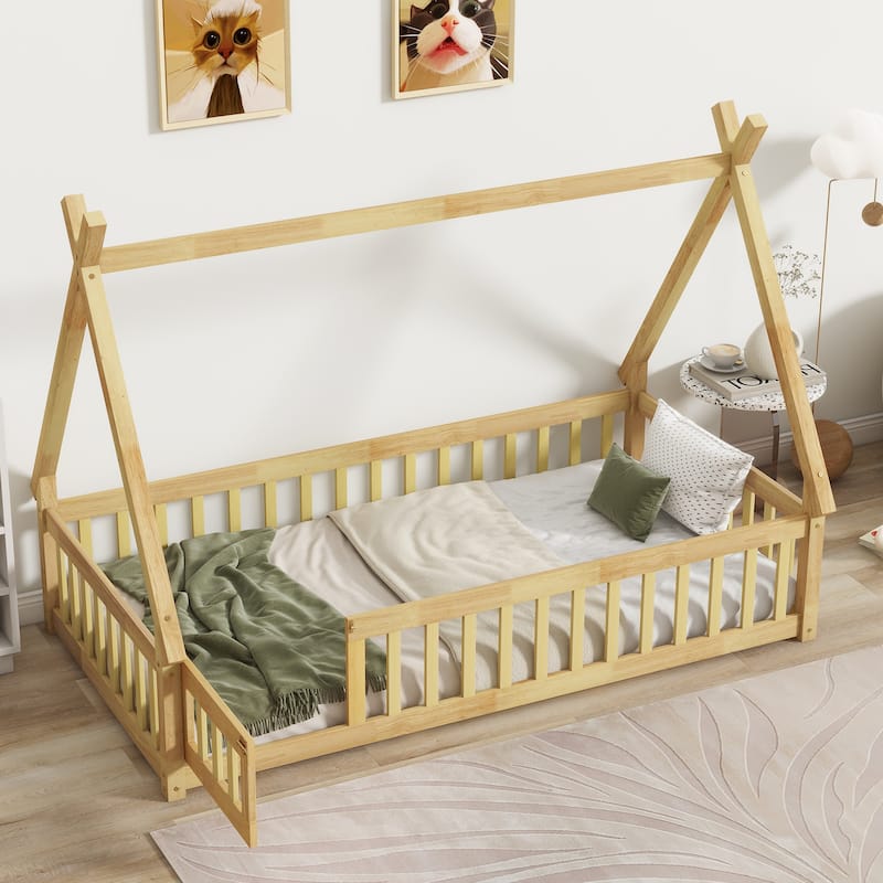 Roomfitters Twin/Full Tent-Shaped Floor Bed with Teepee Frame, Rubber Wood Platform with Guardrails, Slats and Door