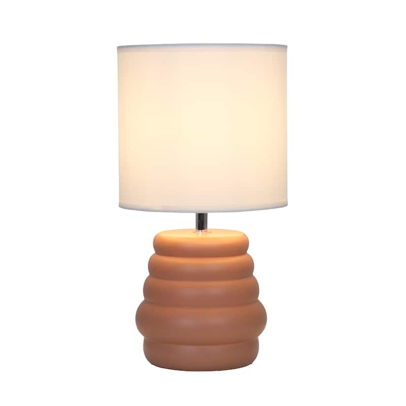Stacked Ceramic Mini Table Lamp with Fabric Drum Shade Modern Sculptural Accent Lighting Compact Design - Terracotta