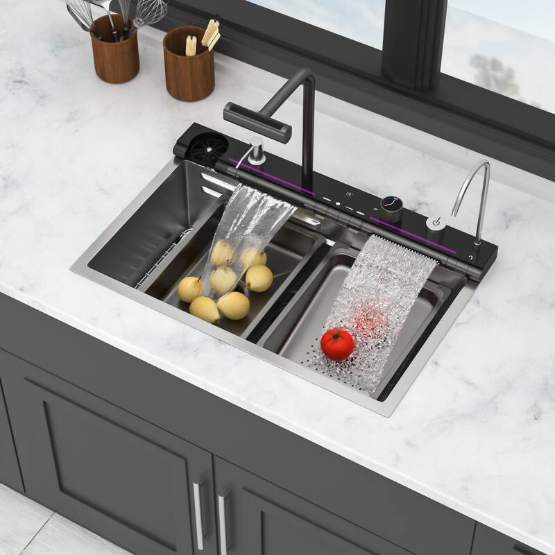 30" Drop-In 16 Gauge Single Bowl Stainless Steel Smart Digital Kitchen Sink with Faucet in Brushed Nickel - 30'' x 19'' x 9''