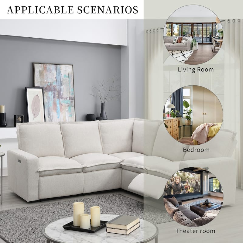 Beige 89.76'' L-Shaped 5-Seat Sectional Sofa with Power Recliner Chair, USB Charging, and Plush Home Theater Seating