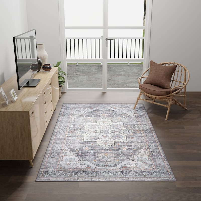 Licensed HGTV Everyday Chic Soft Flannel Zero Pile Printed Non-Slip Washable Indoor Area Rug - Zahra Grey - 5'x7'