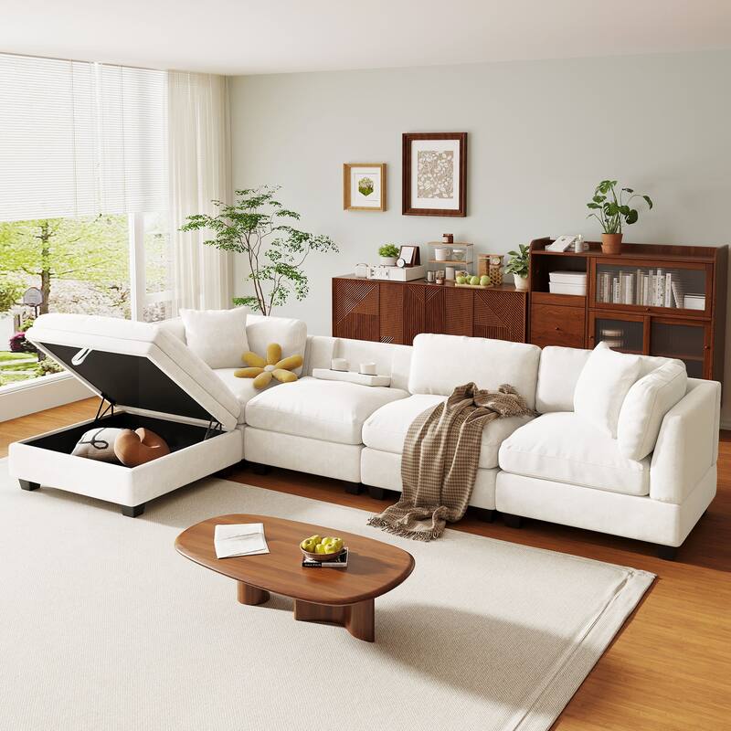 Modular L Shaped Sofa 127.6" Upholstered Sectional Couch with Removable Storage Ottoman 2 Hidden Cup Holders