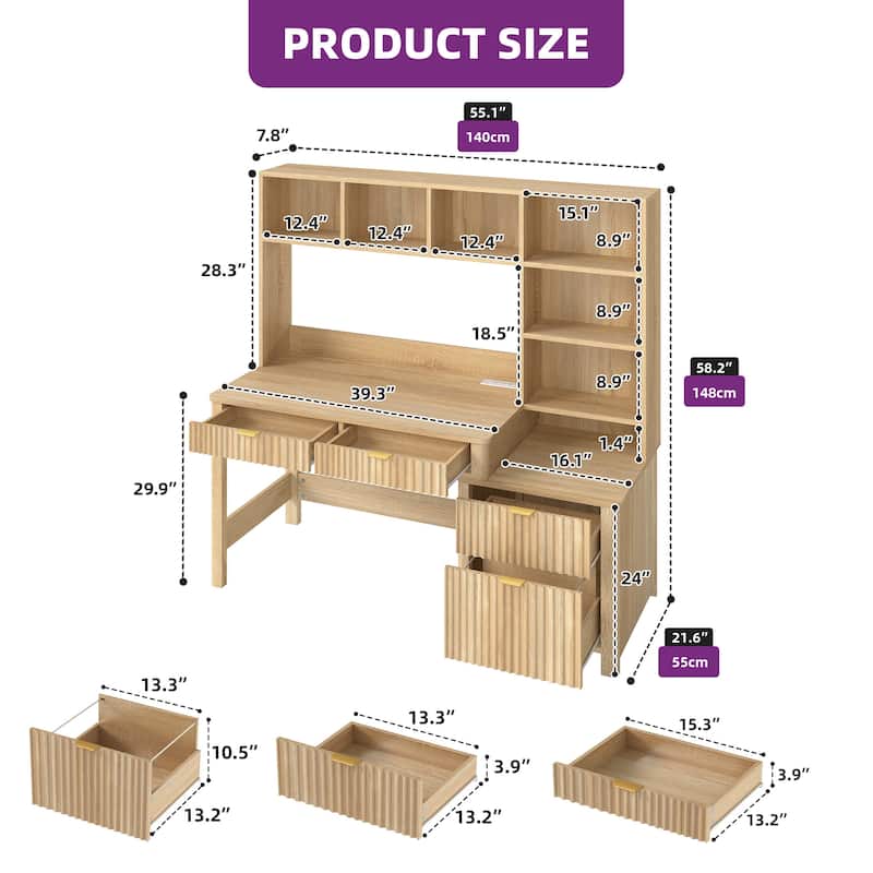 Moasis Modern L Shaped Computer Desk with Hutch and Drawers LED Office Desk w/Power Outlets