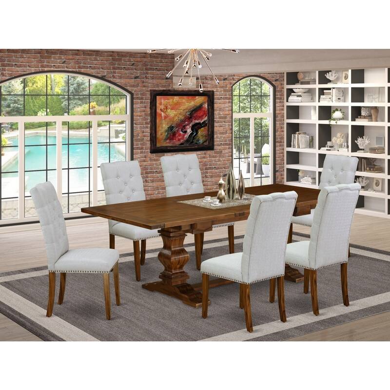 7-Piece Dining Set - Kitchen Table with 6 Linen Fabric Chairs - Antique Walnut Finish Rectangular Table Set - 92
