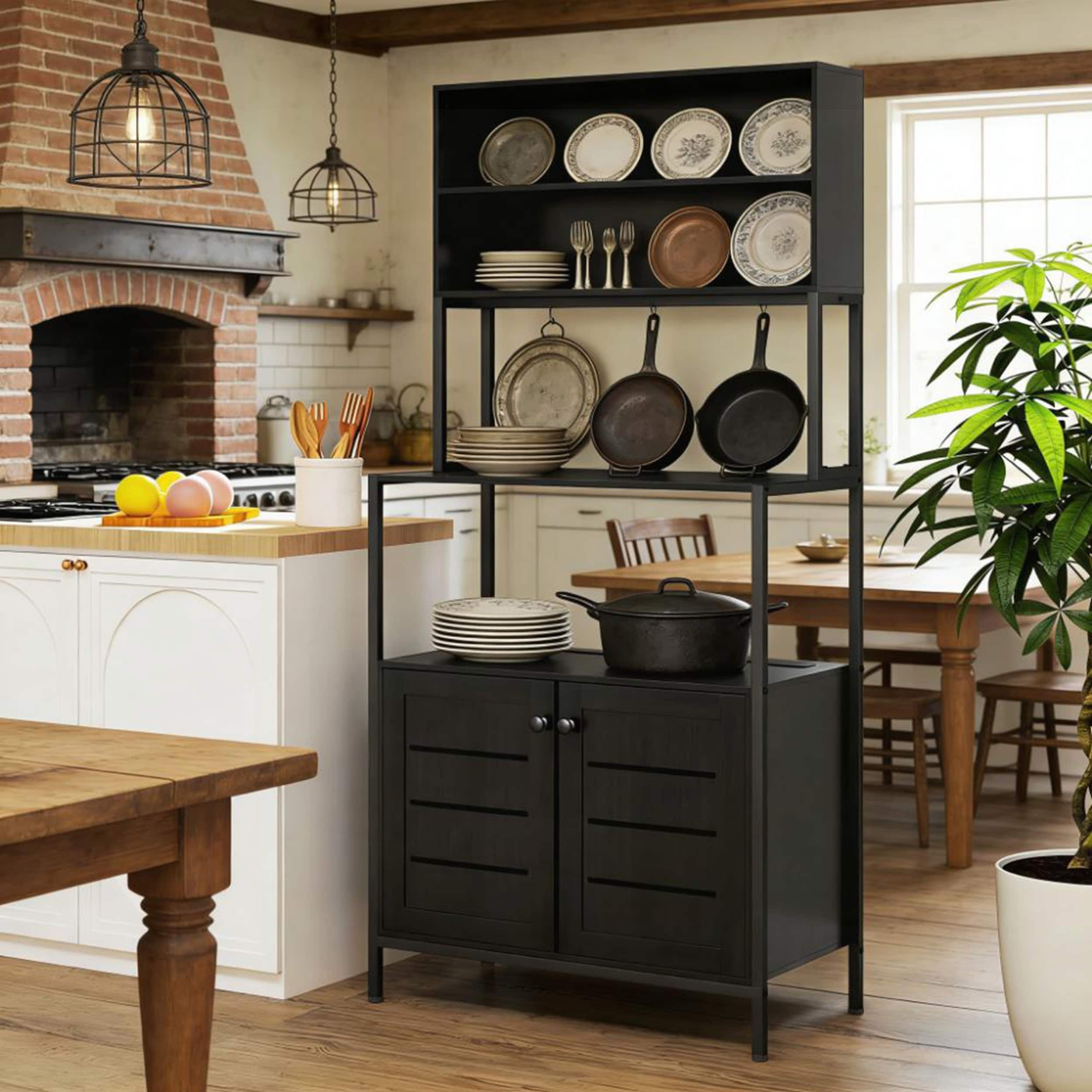 Multifunctional Baker's Rack with Power Outlets, Storage Shelves, and Cabinets for Modern Home Organization
