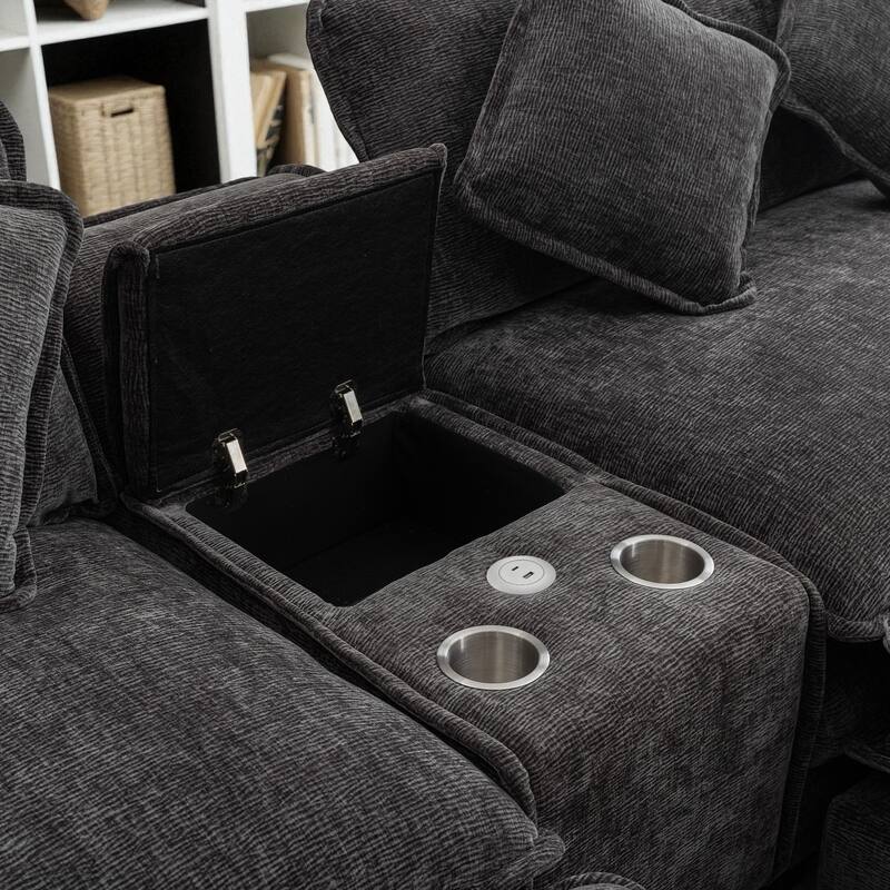 111" Chenille Upholstered Sectional Sofa with 2 Ottomans, USB Ports, Cup Holders and Storage Box for Living Room