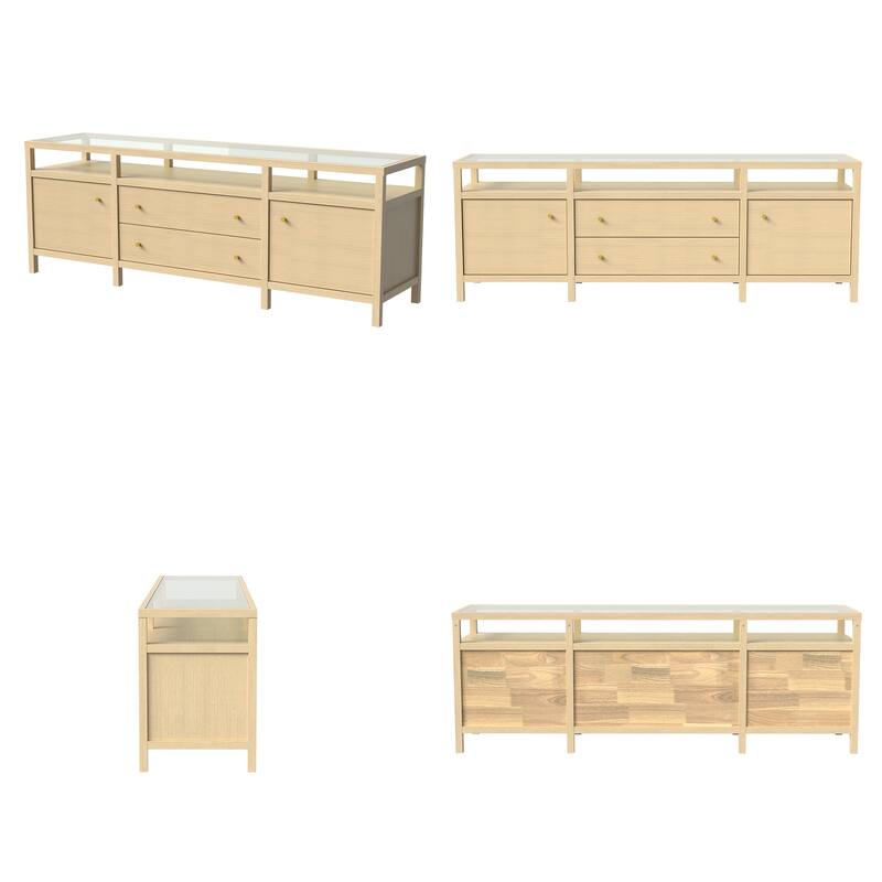 78.7" Solid Wood Sideboard with Tempered Glass Top, Modern Light Oak Buffet Cabinet Console Storage Cabinet